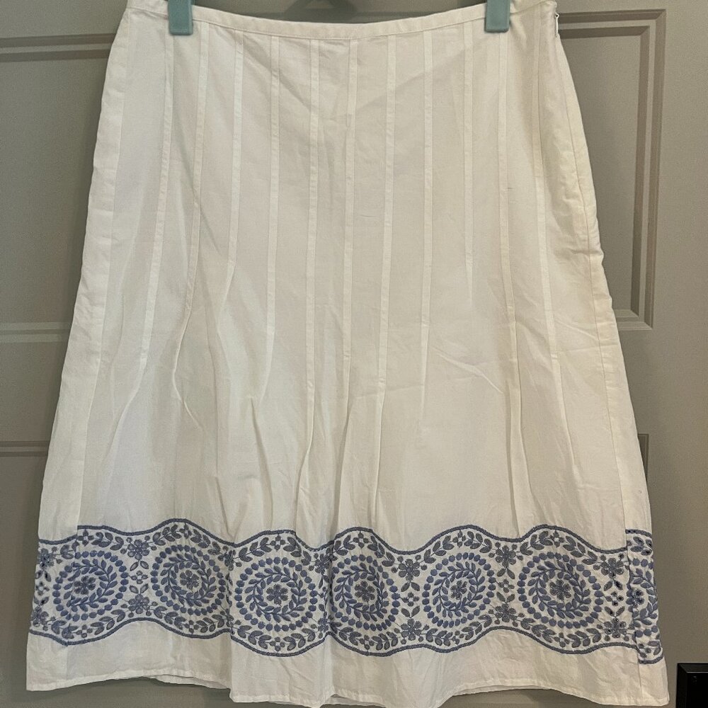 White A Line Skirt with Periwinkle Blue eyelet embroidery Loft 2P
